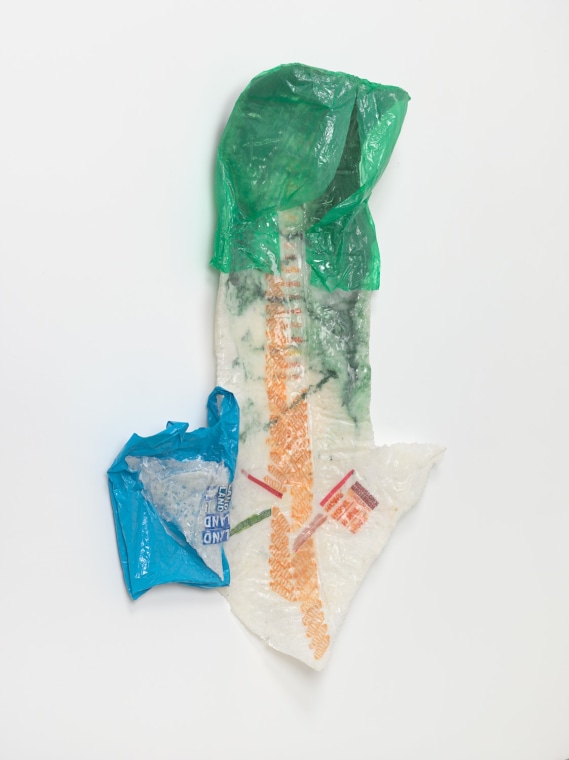 Allyson Vieira, Happy Home Town Happy Home Land, 2018. Styrofoam, plastic bags, resin, 64 x 46 1/2 x 8 1/2 inches (162.6 x 118.1 x 21.6 cm).