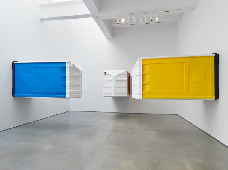 Red, Yellow, Blue, 2018. HDPE, Rivets, Toilet paper, Each 47 x 90 x 44 inches (119.4 x 228.6 x 111.8 cm).
