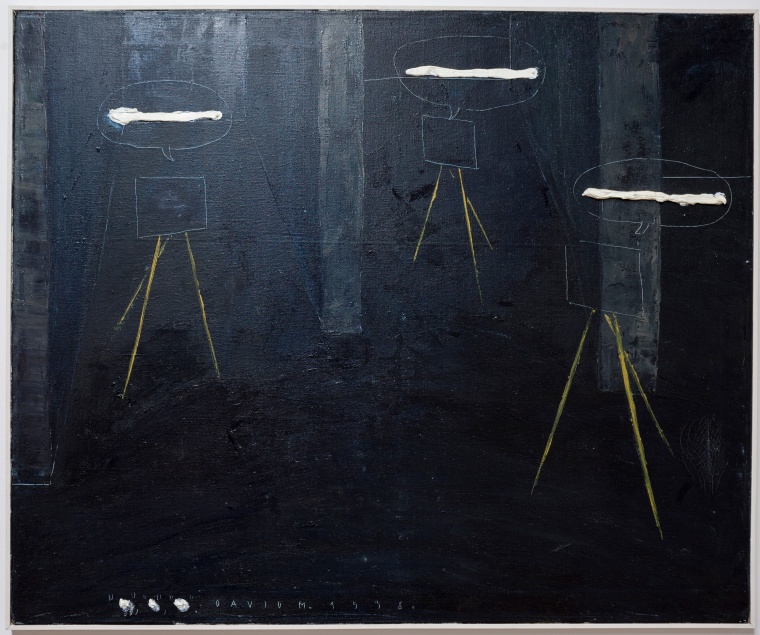 David Maljkovic painting of three paintings with speech bubbles