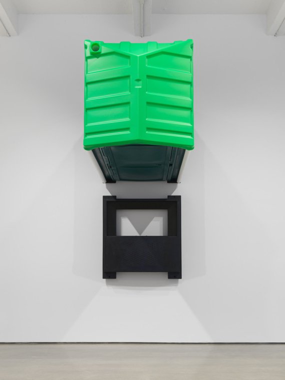 Two Green Portable Toilets, 2018. HDPE, Rivets, Toilet paper, Portable toilet 47 x 90 x 44 inches