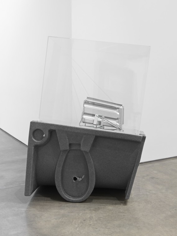 Roof Tile, 2018. HDPE, Galvanized steel roof tile, Galvanized steel toilet paper holders, Plexiglas box, Overall 54 1/2 x 36 3/4 x 21 1/2 inches (138.4 x 93.3 x 54.6 cm).