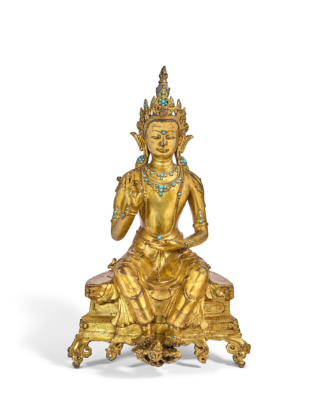A Rare and Important Tibetan Gilt-Copper Figure of Maitreya