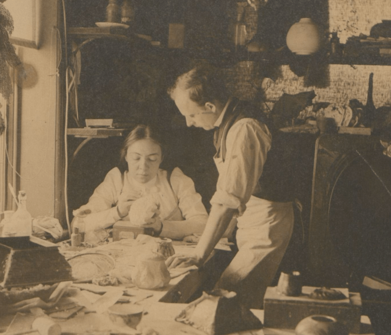 Tiffany Lamp designer Clara Driscoll in her workroom with Joseph Briggs
