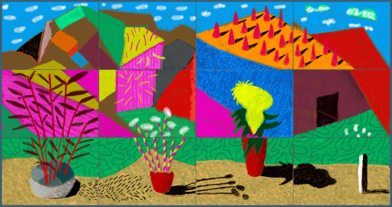 &nbsp;, David Hockney, &rdquo;August 2021, Landscape with Shadows,&rdquo; Twelve iPad paintings comprising a single work, printed on paper, mounted on Dibond. Edition of 25. 108.2 x 205 cm (42.5 x 80.75 Inches) &copy; David Hockney.