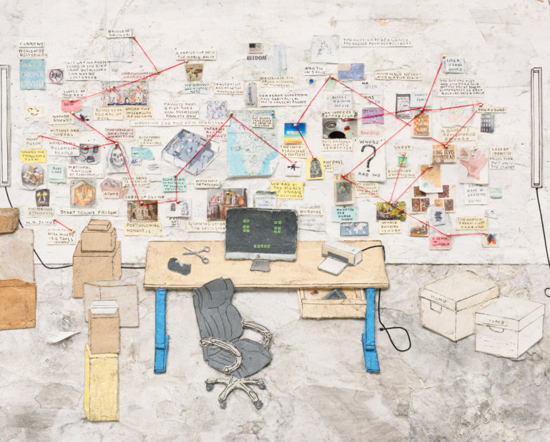 Detailed collage of a desk and messy workstation 