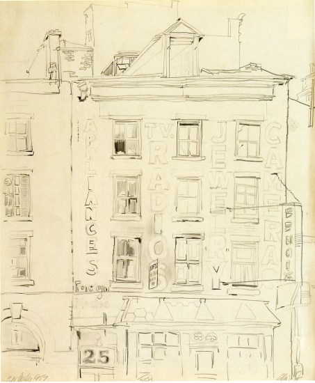 Drawing by Robert Indiana of his studio at 25 Coenties Slip. The words appliances, radios, jewelry, and cameras appear written down the front of the building