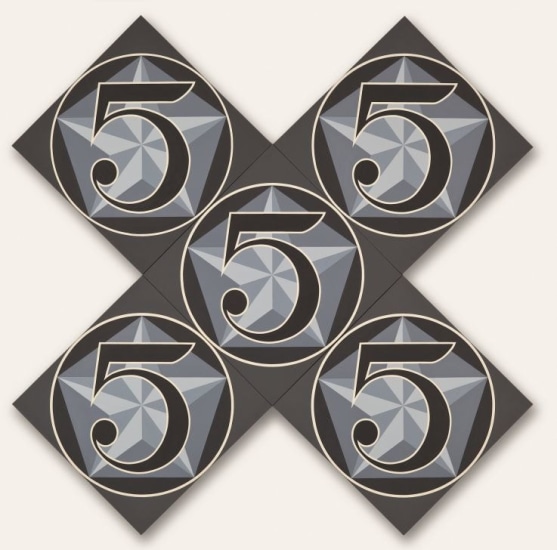 The X-5, an x-format painting made up of five diamond shaped panels, measuring 102 by 102 inches overall. Each panel consists of a black five against a star within a light gray pentagon within a black circle against a dark gray ground.