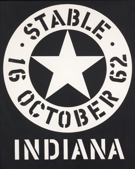 Stable, a black and white painting advertising Indiana's 1963 show at the gallery. It is dominated by a circle enclosing a white star, surrounded by a white ring with the text "Stable 16 October 62" painted in black stenciled letters. Below the circle Indiana has been painted in white stenciled letters.