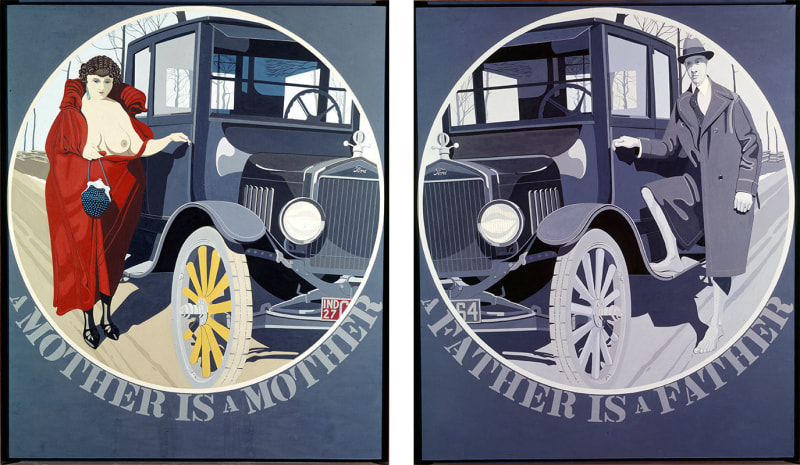 Mother and Father, a primarily grisaille diptych. The first panel contains a circle with a portrait of the artist's mother, wearing a red cape and holding a blue purse, with one breast exposed. She stands next to a Model-T car with a yellow wheel. Below the circle is a the text A Mother Is a Mother. The second panel contains a circle with a portrait of the artist's father, in various shades of gray, barefoot and wearing a coat, next to a Model-T. The text below the circle reads "A Father Is a Father."
