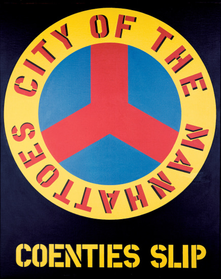 A with a black ground and its title, Coenties Slip, appearing in yellow letters across the bottom of the canvas. Above this is a circle with a  yellow ring containing the text "City of the Manhattoes" in red stenciled letters. Inside the blue circle is a red stylized representation of Coenties Slip. 