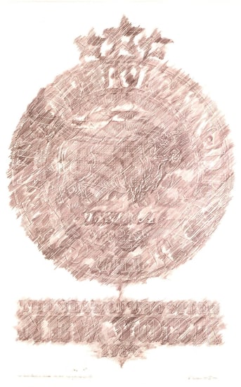 The Great American Dream: New York (The Glory-Star Version), a wax crayon on paper rubbing. A circle with the text The Great American Dream in the outer ring contains image of a steer. Above the circle are three stars, below the circle is the text "The Year of the Steer / New York / 1966"