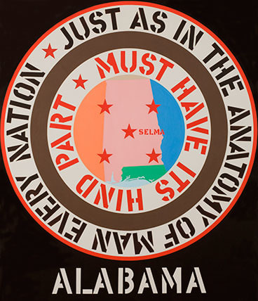 A black canvas with the title, Alabama, painted in white stenciled letters across the center bottom edge of the painting. Above the title and dominating the canvas is a large circle consisting of a pink image of the state of Alabama, with Selma shown on the map. Around this image is a white ring with stenciled red text surrounded by a black ring and another white ring with black stenciled text. The text reads, starting in the outer ring, "Just as in the anatomy of man every nation," and in the inner ring "must have its hind part."