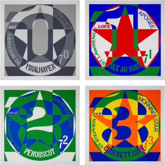 Four prints from the Vinalhaven Suite. All four have the numeral one and a star agains which another number is imposed, and text surrounding it.  The first, Vinalhaven, for 1970, is grisaille, the second, Isle au Haut, for 1971, has a one, and is red, green, blue, and white, the third, Penobscot, for 1972, has a two and is green, white and blue, and the fourth, Crockett Cove, for 1973, has a three and is orange, yellow, blue, and green.