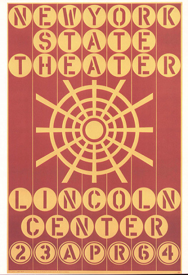 A red and yellow painting of a poster design for the New York State Theater. The work has the text "New York / State / Theater / Lincoln / Center / 23 Apr 64," each letter or number is painted in red and appears in a yellow circle. A yellow design resembling a target is in the center of the poster.