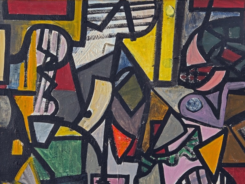 Abstrac painting in bright colors with shapes defined by thick black lines (detail)