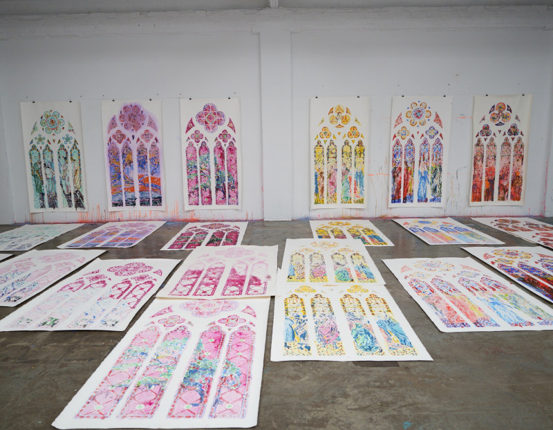 Photograph of in process works at Claire Tabouret's studio
