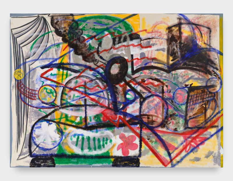 A painting by Anna Rosen of cars, smoke, flowers and books.