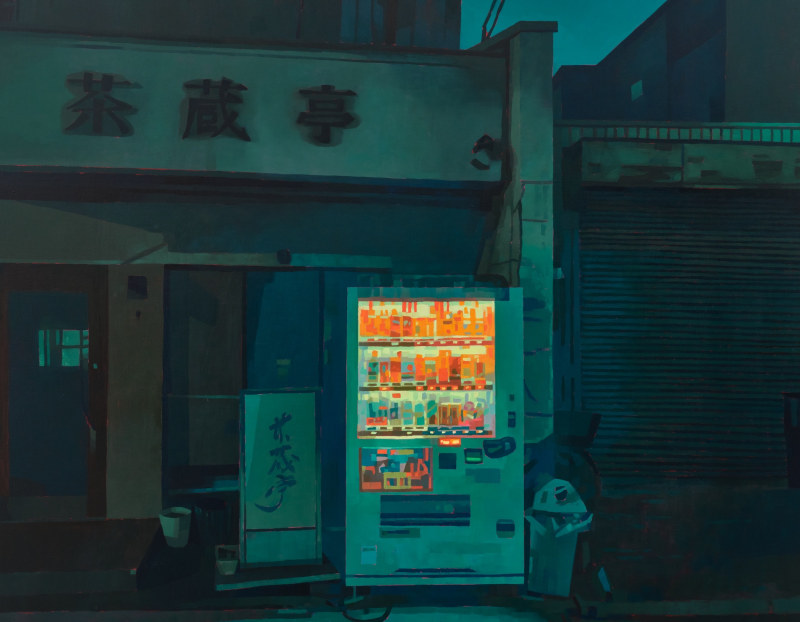 Detail of a painting of a vending machine at night by Keita Morimoto