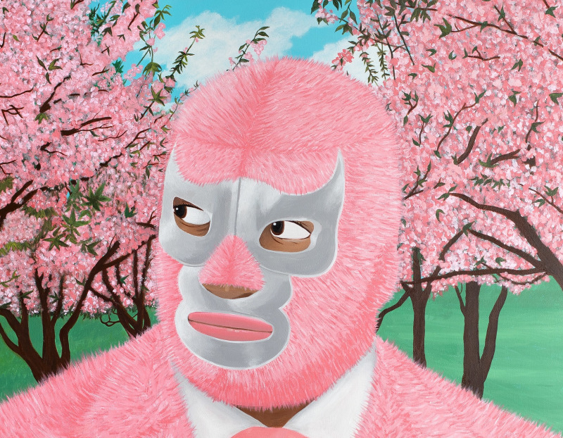 Detail of a painting by Lee Moriarty of a figure in a pink fur Luchador wrestling mask surrounded by cherry blossom trees. 
