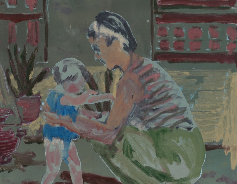 A painting by Claire Tabouret of a Mother and child. 