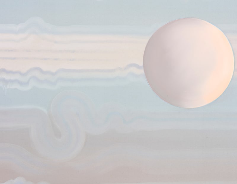 Detail of a moon against a striped and wavy skyline in "Untethered - Pale Blue" by Wanda Koop