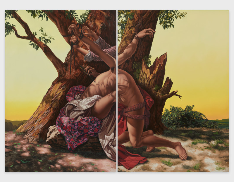 A two panel painting by Jesse Mockrin of figures tangled and tied by a tree trunk.