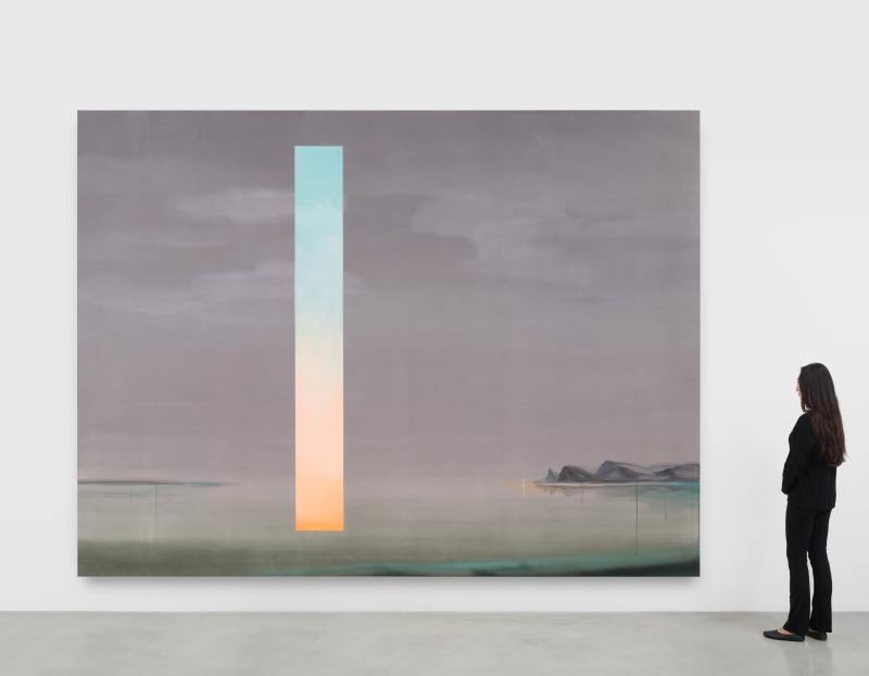 A large painting by Wanda Koop of a seascape with a window of blue and orange pigment in a maroon sky.