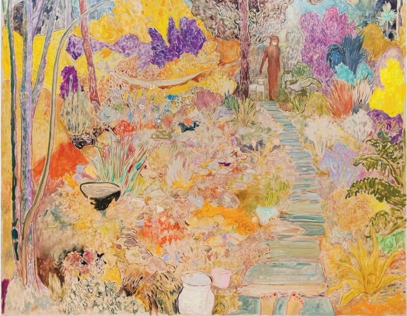 Hayley Barker, Front Yard at Dusk with Visitor, 2020, oil on linen, 82 × 100".