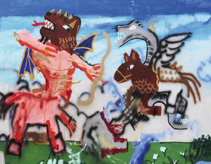 A painting by Robert Nava of cross-species forms in a field under blue skies