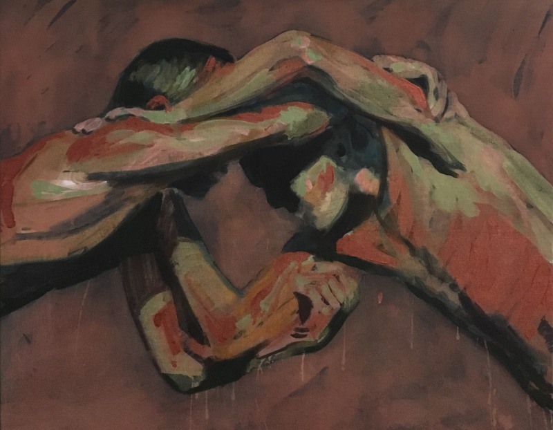A painting by Claire Tabouret of two boys wrestling