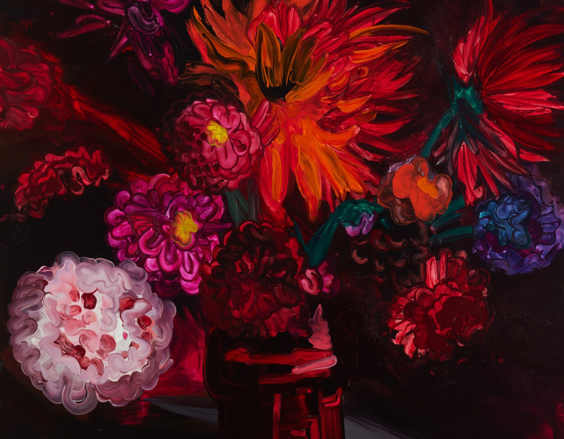 A painting by Clare Woods of red flowers in a red vase.