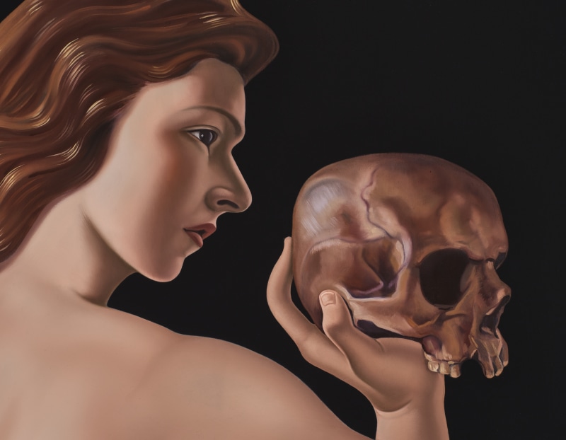 Detail of a woman holding a skull in a painting by Jesse Mockrin