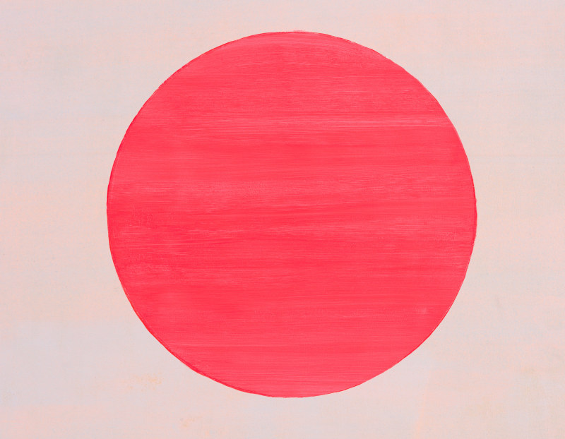 Detail of a moon against a striped sky in a painting by Wanda Koop