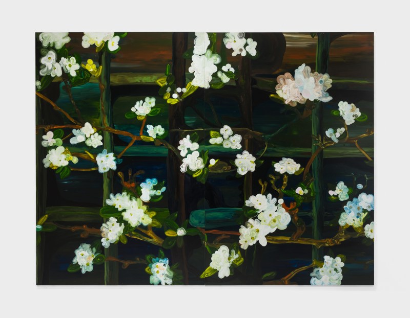 A painting of a climbing floral vine by Clare Woods