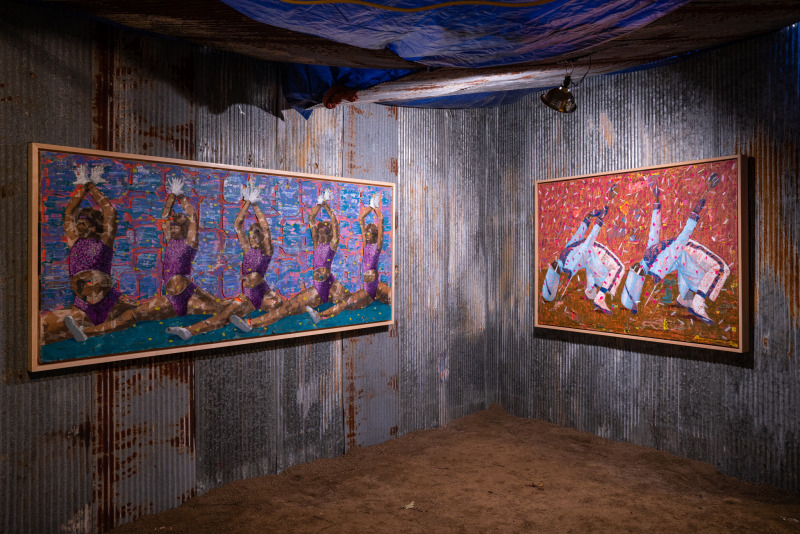 Derek Fordjour: SHELTER. Installation view. Contemporary Art Museum St. Louis, Missouri. January 17 - August 23, 2020.