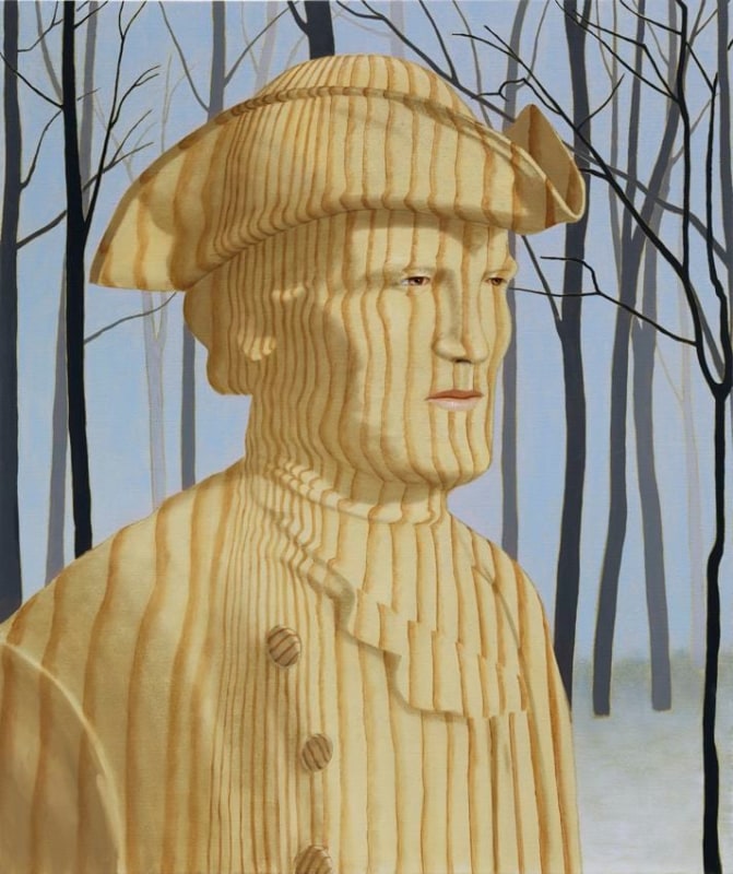 portrait of man in wood grain, a snowy forest is in the background.