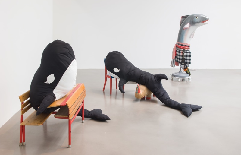 Installation view, Cosima von Bonin, WHAT IF IT BARKS?, Petzel, 2018