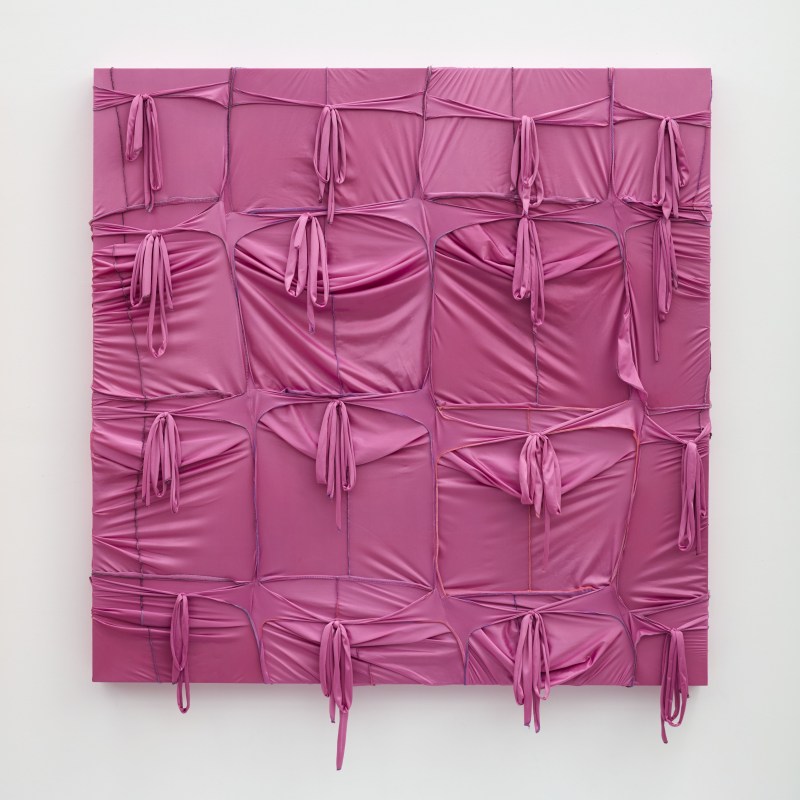 CAMOUFLAGE #074 (Pink Panther), 2021,&nbsp;durags and acrylic on wood panel,&nbsp;55 x 48 in (139.7 x 121.9 cm)