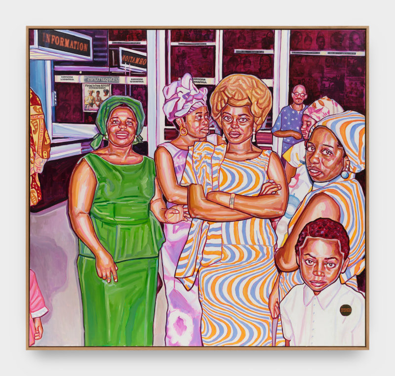 Esiri Erheriene-Essi, &quot;Same Town, New Story (Nigeria Airways)&quot;, 2023, oil, ink and xerox transfer on linen, 66 1/2 x 70 1/2 x 2 1/4 in (168.9 x 179.1 x 5.7 cm)