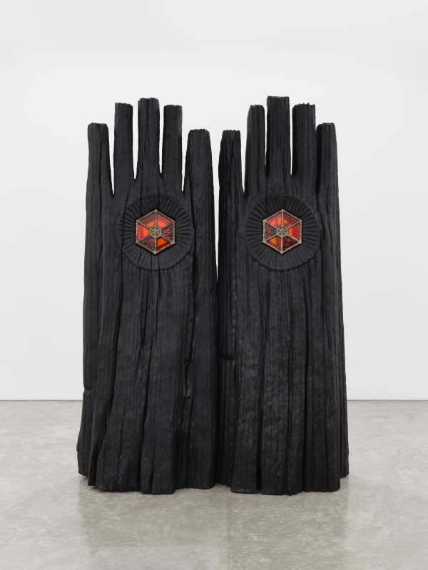 Dan John Anderson, &quot;Threshold&quot;, 2025, cedar, stained glass, and aluminum, 102 x 72 x 29 1/2 in (259.1 x 182.9 x 74.9 cm)