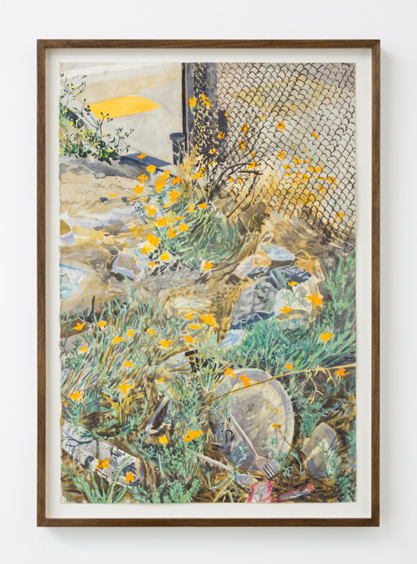 Sterling Wells, &quot;La Brea Poppies with Styrofoam Plate,&quot; 2020, watercolor on paper, 25 3/4 x 18 in (65.4 x 45.7 cm)