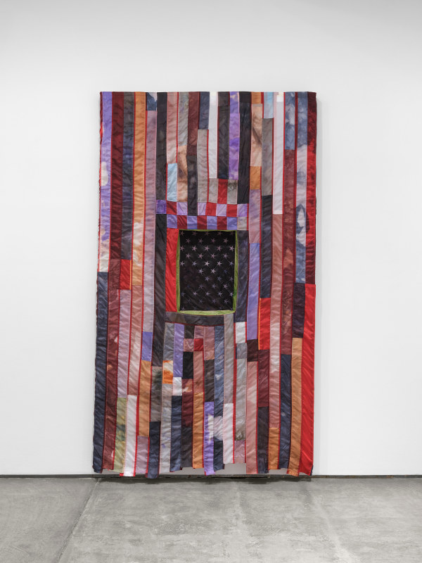 Carla Edwards, &quot;American Circus&quot;, 2024, American flags, bleach, nylon dye, 101 x 57 x 3.5 in (256.54 x 144.8 x 8.8 cm)