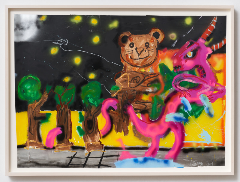 Robert Nava, &quot;Treebark Moonshield,&quot; 2022, acrylic, oil stick, crayons, grease pencil on paper,&nbsp;60 x 83 in (152.4 x 210.8 cm)
