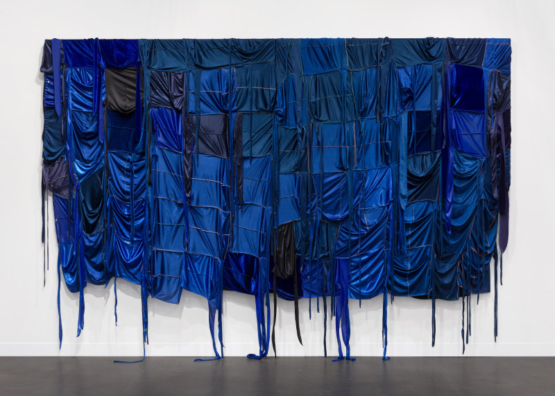 Anthony Olubunmi Akinbola, &quot;Waves&quot;, 2024, durags on aluminum and wood frame, 104 x 146 x 3 1/2 in (264.2 x 370.8 x 8.9 cm)