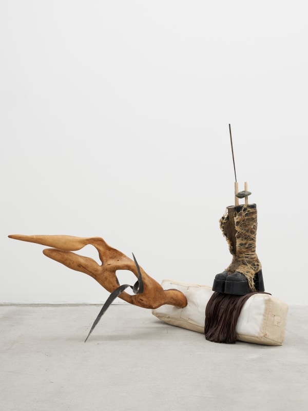 Catalina Ouyang, &quot;Untitled&quot;, 2024, steel, apple wood, canvas, gesso, artist&rsquo;s shoes, concrete, soapstone, plywood, twine, gel medium, horse hair, fabric, resin, 36 x 56 x 26 1/2 in (91.4 x 142.2 x 67.3 cm)