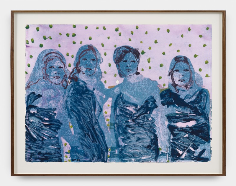 Claire Tabouret, &quot;The Four Friends (dots)&quot;, 2023, acrylic and ink on paper, 38 x 49 1/4 x 2 in (96.5 x 125.1 x 5.1 cm)