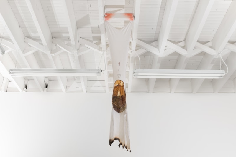 Catalina Ouyang, &quot;yoke of thyself&quot;, 2019, white ribbed tank, tattoo ink, blood, symbiotic colonies of bacteria and yeast, stones, 48 x 16 x 12 in (121.9 x 40.6 x 30.5 cm)