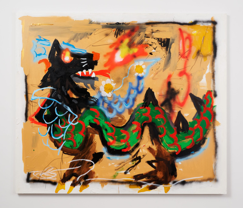 Robert Nava, &quot;Cat Dragon,&quot; 2021, acrylic and grease pencil on canvas, 72 x 82 in (182.9 x 208.3 cm)