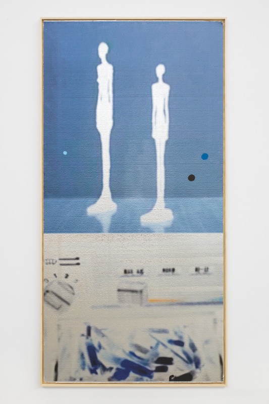 Giacometti DashBoard, 2020,&nbsp;UV print on silver foil aluminum with oil pastel, framed,&nbsp;97 1/2 x 50 x 1 3/4 in (247.7 x 127 x 4.5 cm)