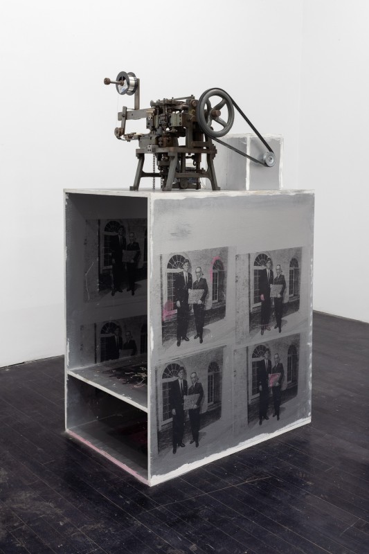 The Link, 2019, enameled and screen-printed plywood, 3-phase motor with variable frequency drive, single-cable chain machine, wiring, chain, sterling silver wire,&nbsp;24 x 36 x 52 in (60.96 x 91.44 x 132.08 cm)